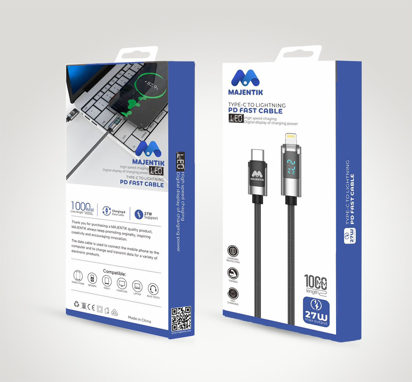 كابل سريع من Majentik Type C إلى Lightning PD مزود بإضاءة LED - 27 وات