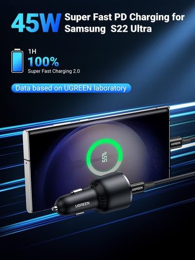 شاحن سيارة سريع UGREEN 63 وات بمنفذين USB-C/USB-A باللون الرمادي - EC701