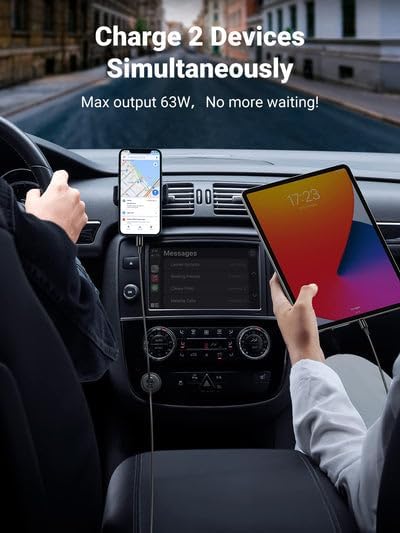 شاحن سيارة سريع UGREEN 63 وات بمنفذين USB-C/USB-A باللون الرمادي - EC701