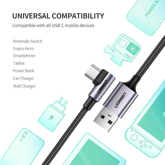 UGREEN 50941 US284 3A 480Mbps USB-A to USB C PD Fast Charging 90 Degree Cable 1m -Space Grey
