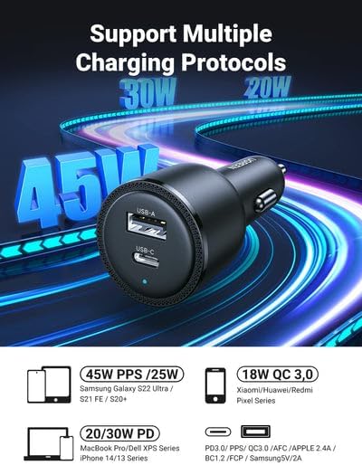 شاحن سيارة سريع UGREEN 63 وات بمنفذين USB-C/USB-A باللون الرمادي - EC701