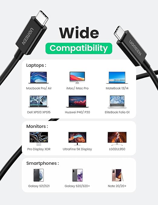 UGREEN كابل USB-C إلى USB-C Thunderbolt 4 – قدرة 100 واط – أسود (6957303833894)