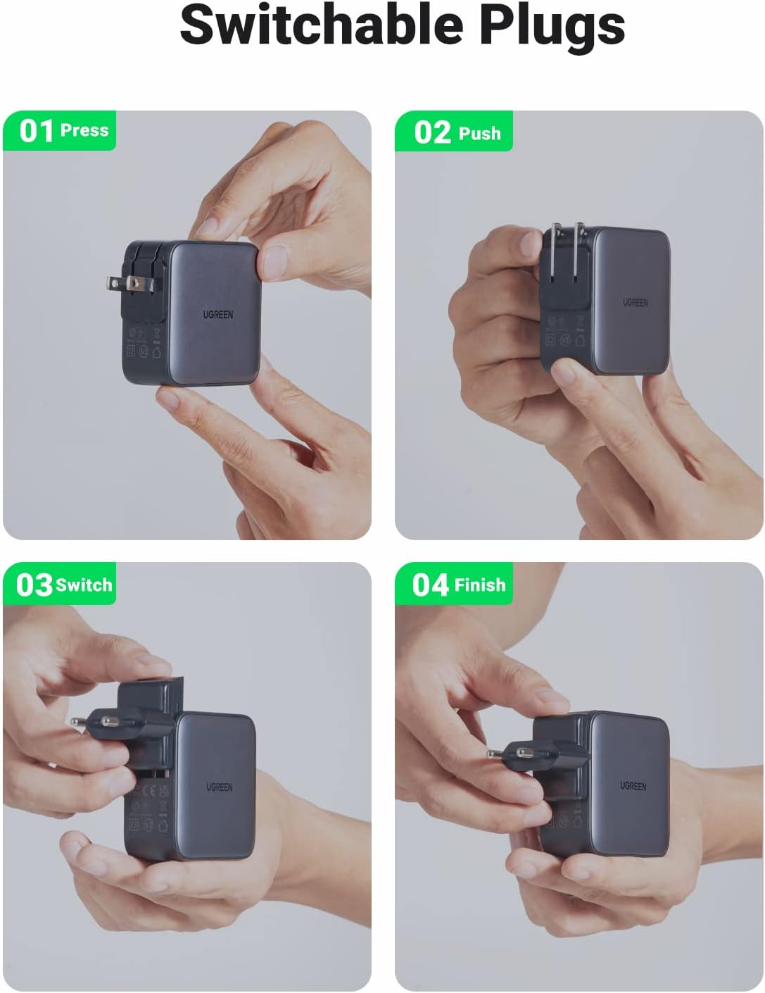 شاحن يوجرين السريع GaN 1USB-A&2USB-C 65 وات أسود - CD296