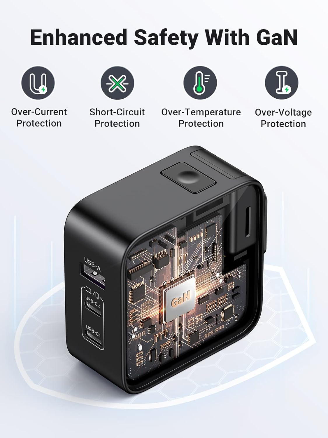 شاحن يوجرين السريع GaN 1USB-A&2USB-C 65 وات أسود - CD296