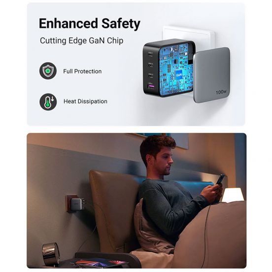 USB-A 3xUSB-C 100W GaN Wall Charger USB-C Cable Black-CD226