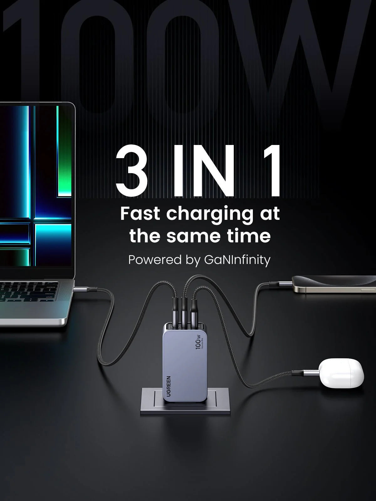 UGREEN Nexode Pro 100W GaN Charger with USB-C Cable Grey
