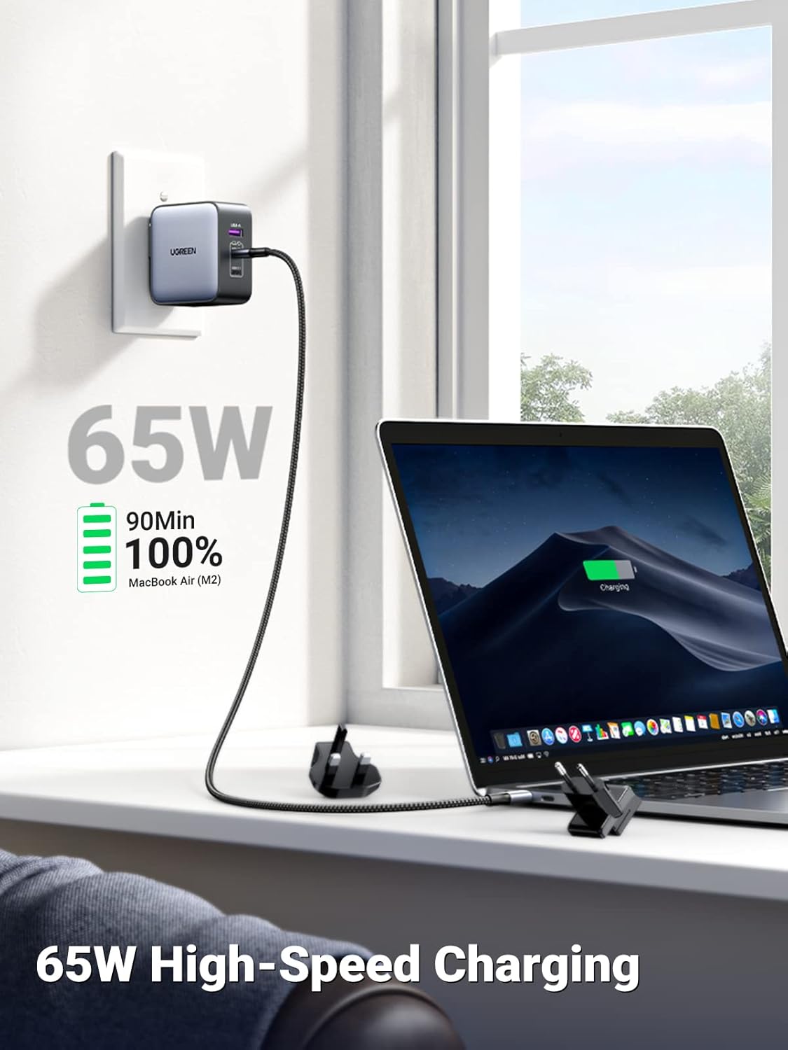 شاحن UGREEN السريع GaN 1USB-A&amp;2USB-C
 65 وات أسود- CD296