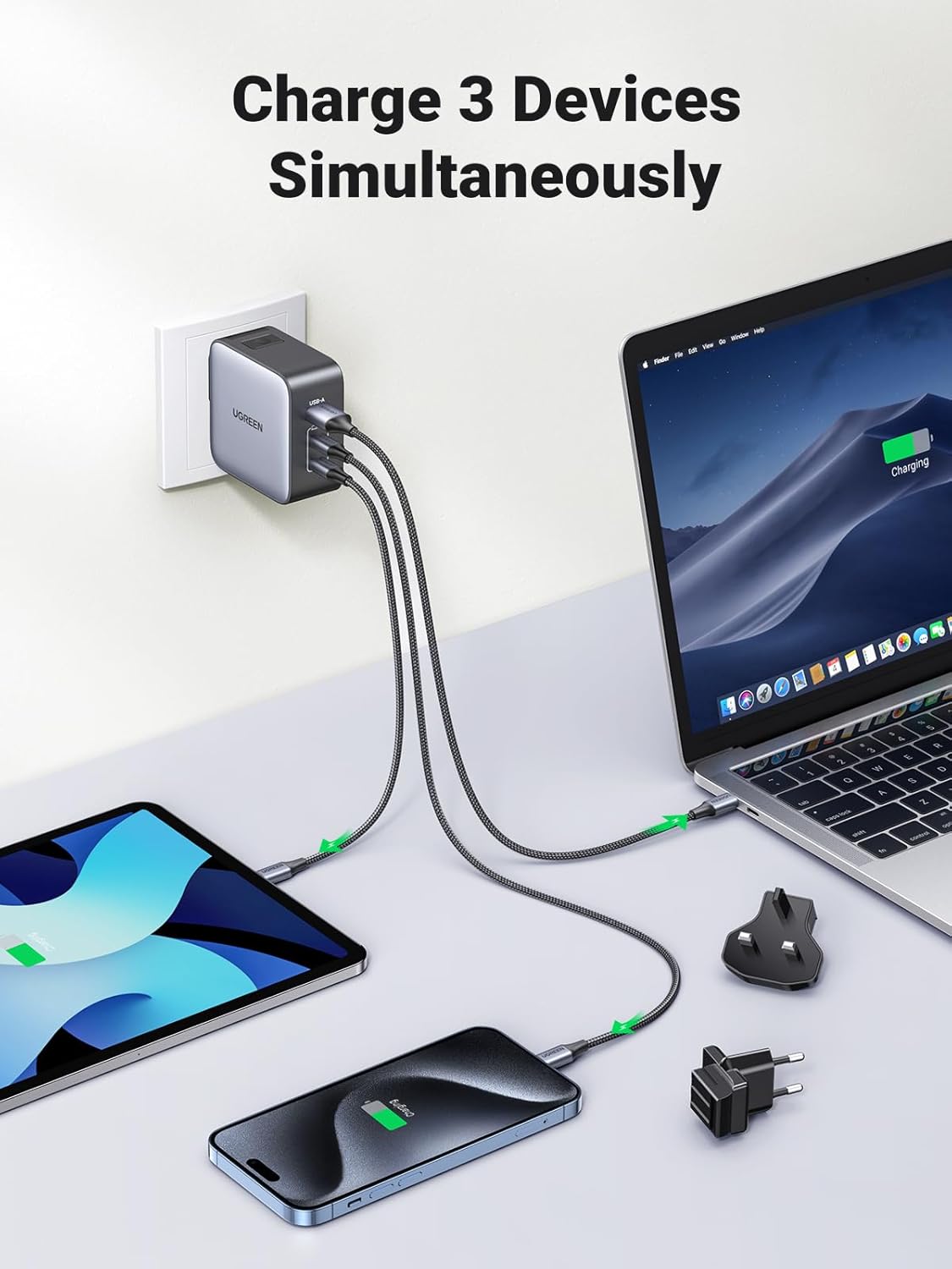 شاحن UGREEN السريع GaN 1USB-A&amp;2USB-C
 65 وات أسود- CD296