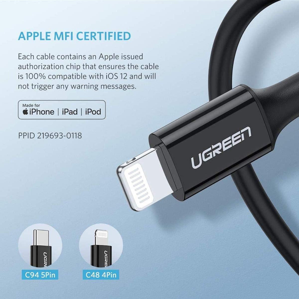 كابل USB-C إلى Lightning M/M من UGREEN
 شل 1م أبيض -US171