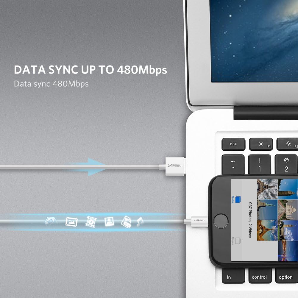 كابل USB-A ذكر إلى Lightning ذكر من UGREEN
 غلاف ABS مطلي بالنيكل بطول 1 متر (أبيض) -US155