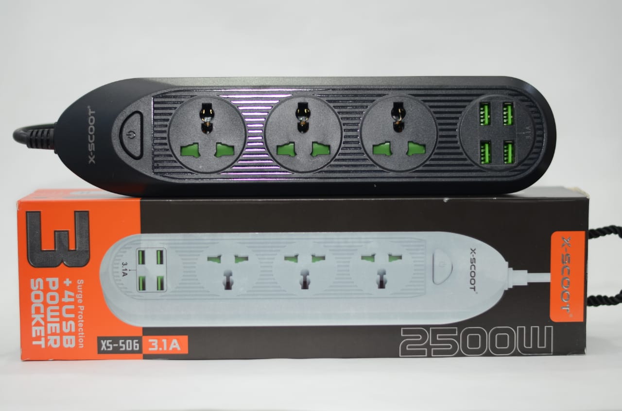 X-Scoot Power Strip 3 Sockets +4 USB 2500W