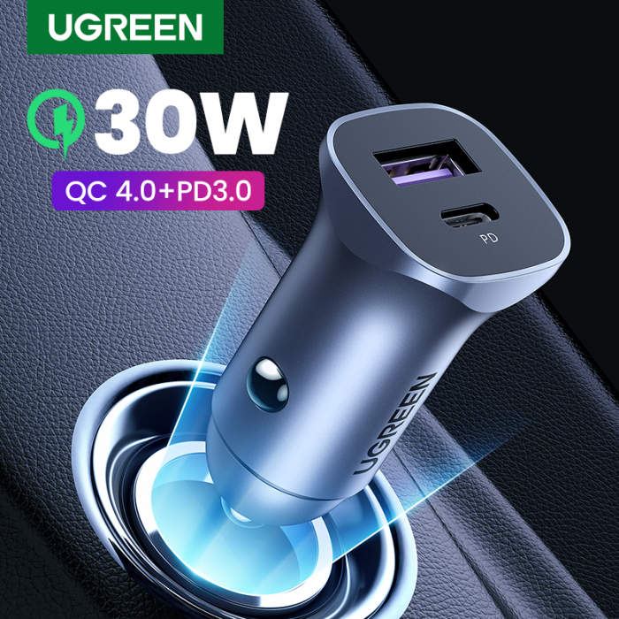 شاحن سيارة UGreen بمنفذين USB و
 منفذ PD 30 وات - رمادي - CD130