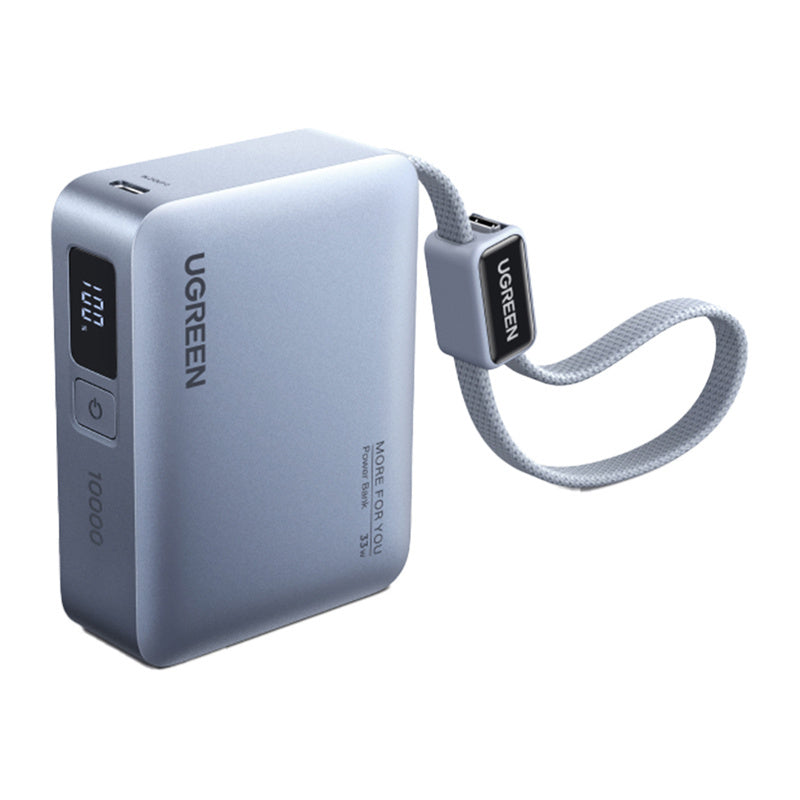 UgreenPB584 10,000mAh Power Bank, USB + USB-C, 33W, Built-in cable (Gray)