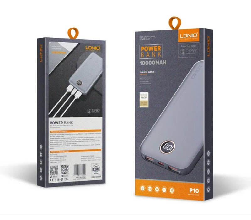 LDNIO P10 High Quality Power Bank 10000mAh 10.5W Dual USB Port LED Display - Grey