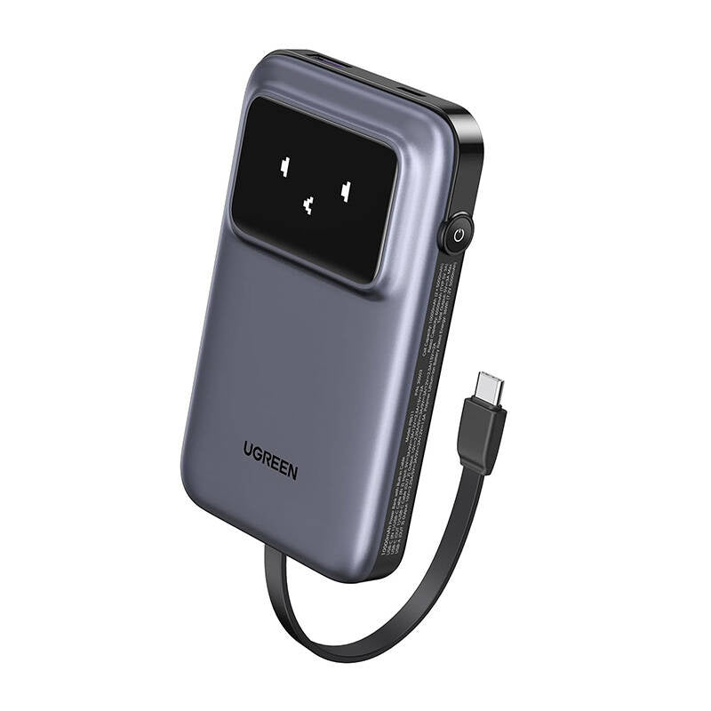 Ugreen Uno Power Bank USB-C and USB Ports with Built-in Cable 10000mAh 30W - Gray
