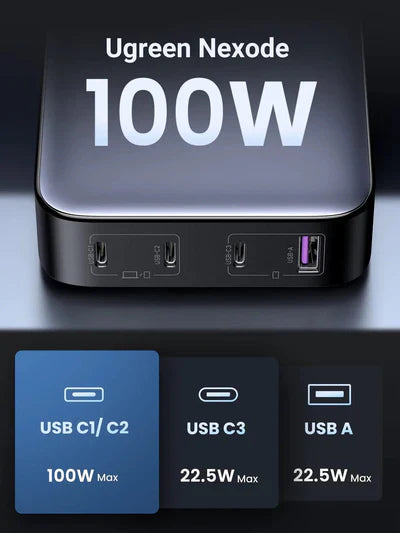 شاحن سطح المكتب UGREEN Nexode 100W 4-
 المنفذ 1*USB-A+3*USB-C رمادي-CD328